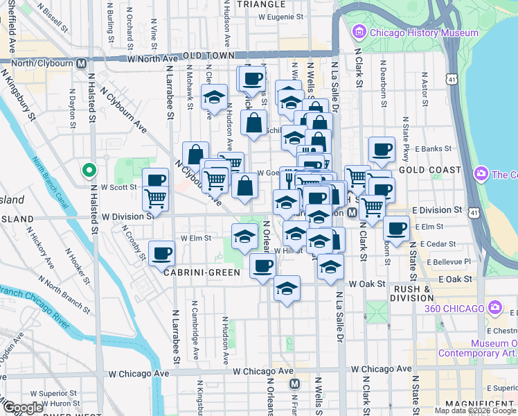 map of restaurants, bars, coffee shops, grocery stores, and more near 343 West Old Town Court in Chicago