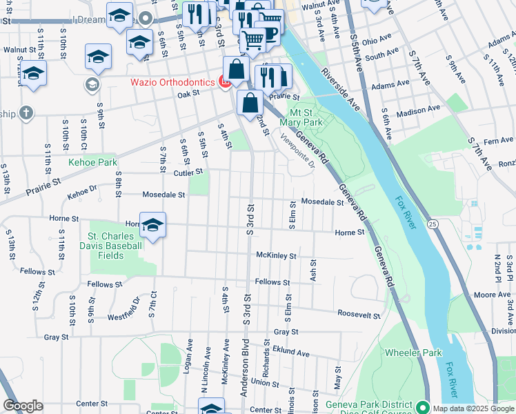 map of restaurants, bars, coffee shops, grocery stores, and more near 1010 South 3rd Street in St. Charles