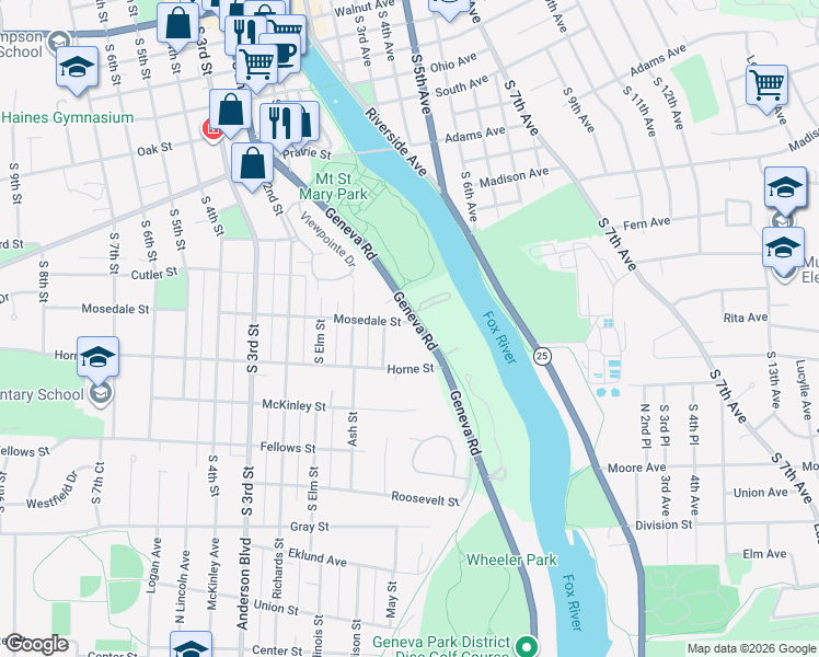 map of restaurants, bars, coffee shops, grocery stores, and more near 1011 Geneva Road in St. Charles