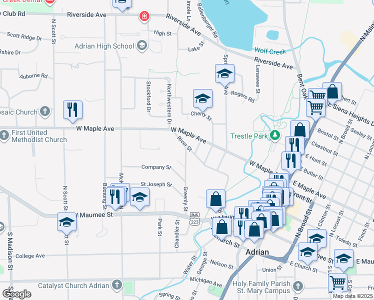map of restaurants, bars, coffee shops, grocery stores, and more near 363 Greenly Street in Adrian