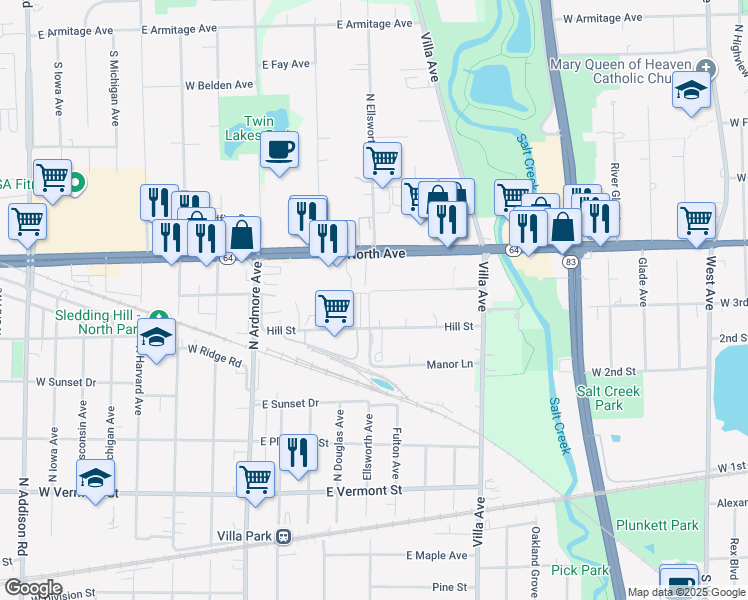 map of restaurants, bars, coffee shops, grocery stores, and more near 17W565 East Schiller Street in Villa Park