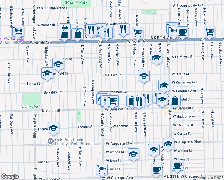 map of restaurants, bars, coffee shops, grocery stores, and more near 1305 North Mason Avenue in Chicago