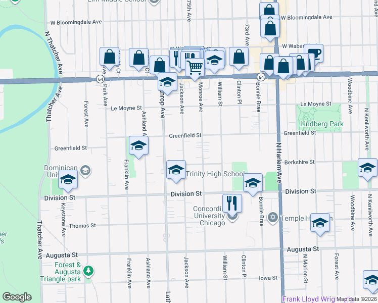 map of restaurants, bars, coffee shops, grocery stores, and more near 1323 Jackson Avenue in River Forest