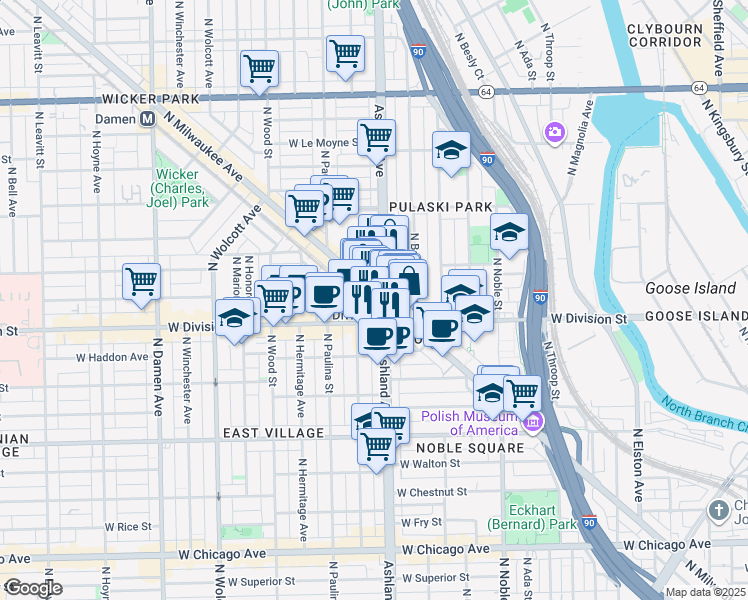 map of restaurants, bars, coffee shops, grocery stores, and more near 1209 North Milwaukee Avenue in Chicago