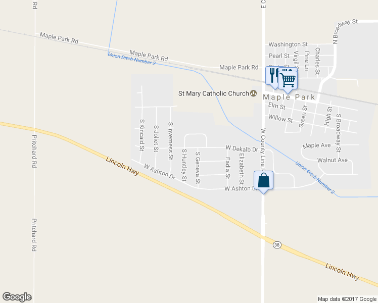 map of restaurants, bars, coffee shops, grocery stores, and more near 408 South Huntley Street in Maple Park