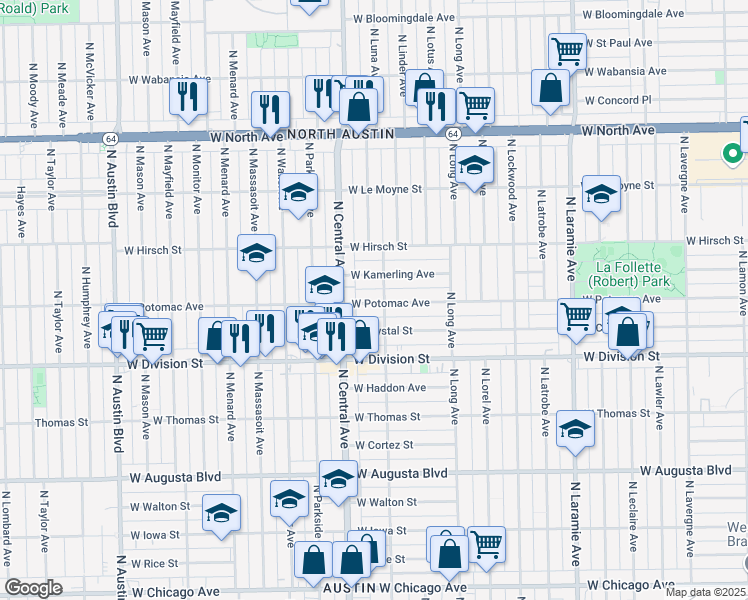 map of restaurants, bars, coffee shops, grocery stores, and more near 5524 West Potomac Avenue in Chicago