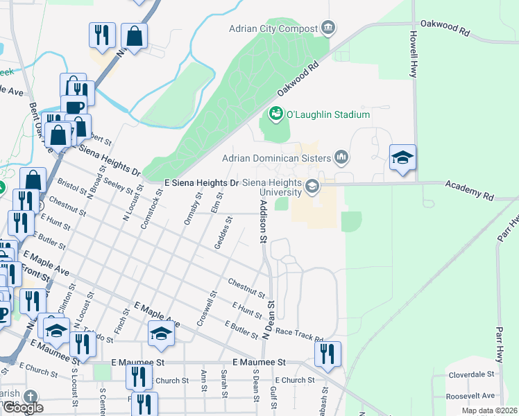 map of restaurants, bars, coffee shops, grocery stores, and more near 911 Addison Street in Adrian