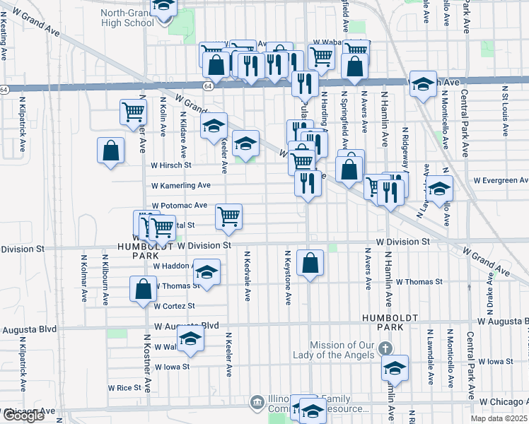 map of restaurants, bars, coffee shops, grocery stores, and more near 1248 North Karlov Avenue in Chicago