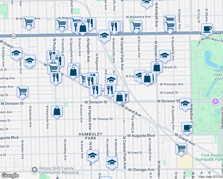 map of restaurants, bars, coffee shops, grocery stores, and more near 1234 North Monticello Avenue in Chicago