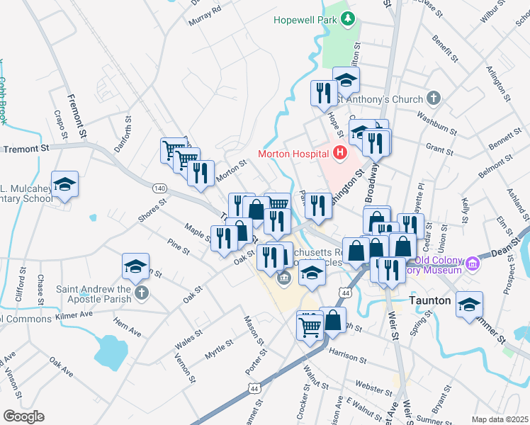 map of restaurants, bars, coffee shops, grocery stores, and more near 19 Hodges Avenue in Taunton
