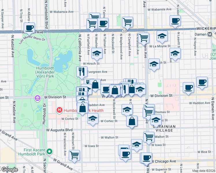 map of restaurants, bars, coffee shops, grocery stores, and more near 2618 West Crystal Street in Chicago