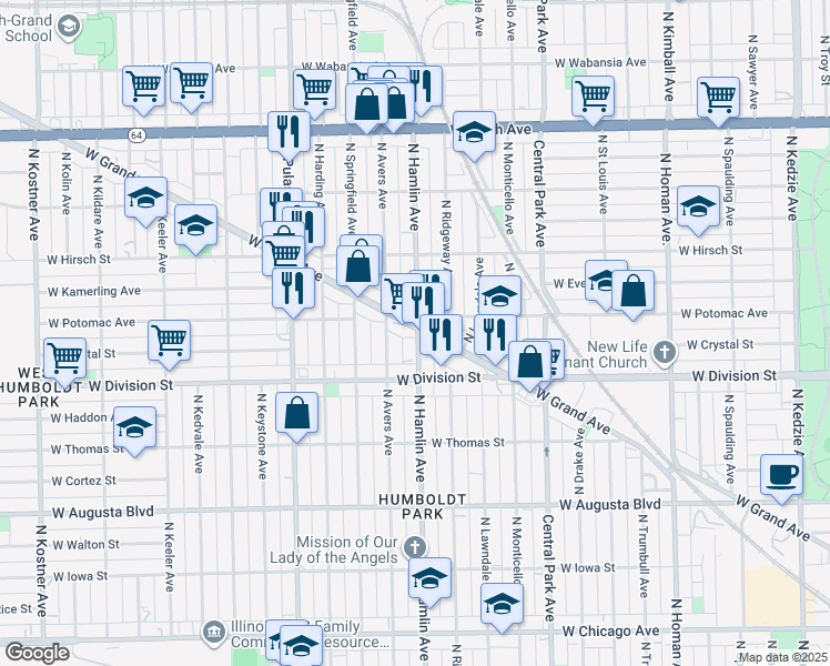 map of restaurants, bars, coffee shops, grocery stores, and more near 3801 West Grand Avenue in Chicago
