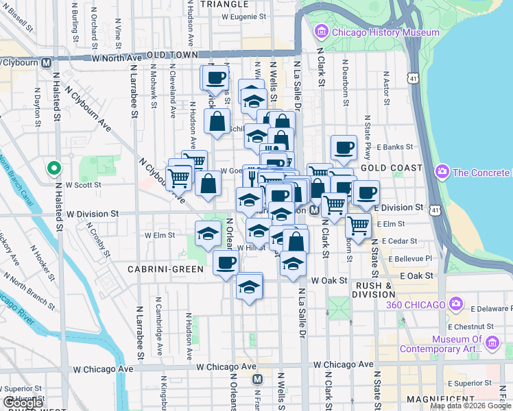 map of restaurants, bars, coffee shops, grocery stores, and more near 230 West Division Street in Chicago