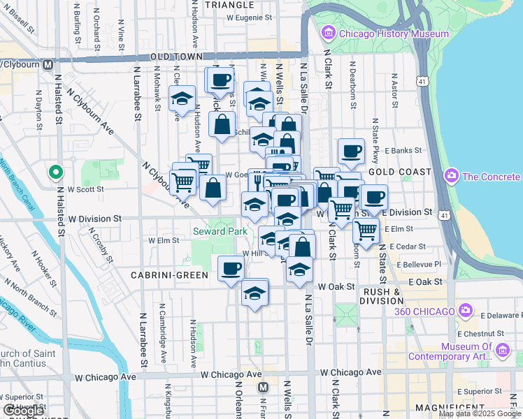 map of restaurants, bars, coffee shops, grocery stores, and more near 232 West Division Street in Chicago