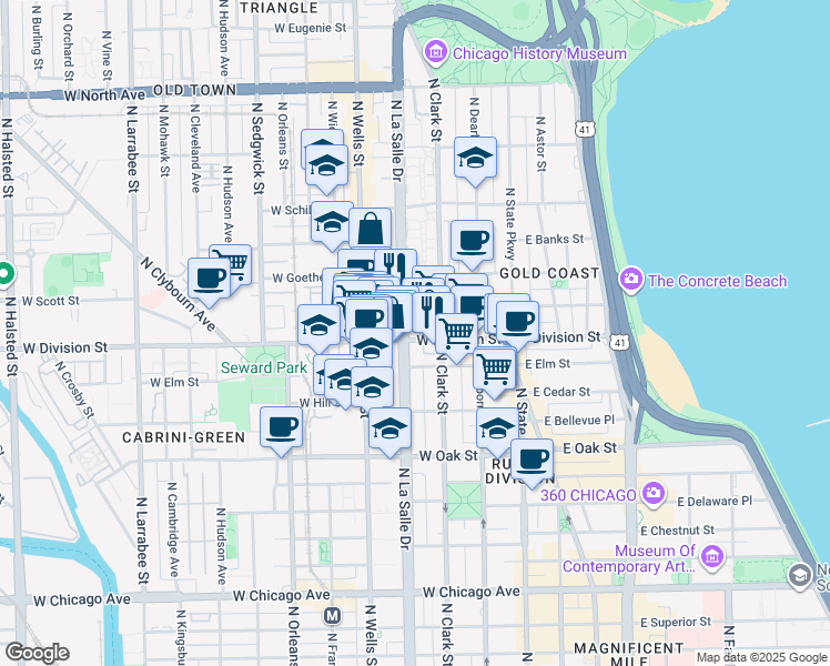 map of restaurants, bars, coffee shops, grocery stores, and more near 1201 North La Salle Drive in Chicago