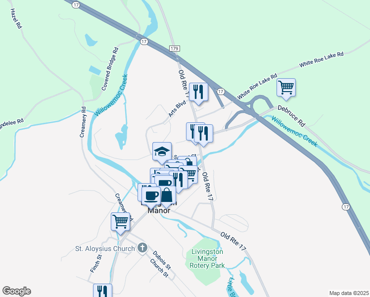 map of restaurants, bars, coffee shops, grocery stores, and more near 6 School Street in Livingston Manor