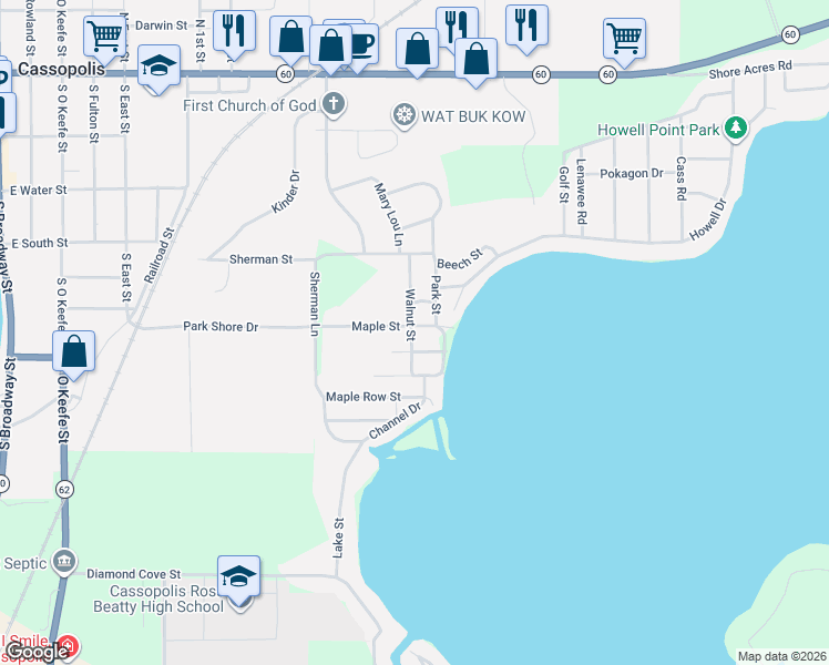 map of restaurants, bars, coffee shops, grocery stores, and more near 22327 Maple Street in Cassopolis