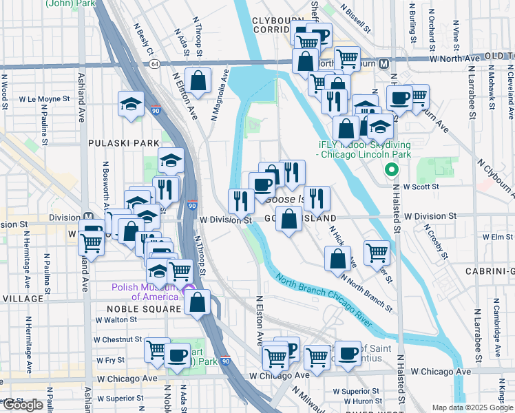 map of restaurants, bars, coffee shops, grocery stores, and more near 1210 North North Branch Street in Chicago