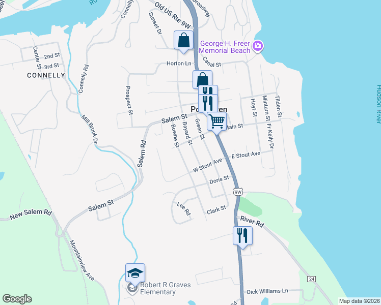 map of restaurants, bars, coffee shops, grocery stores, and more near 209 Bowne Street in Port Ewen