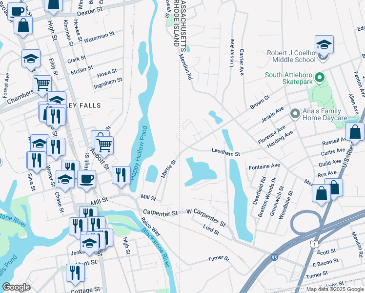 map of restaurants, bars, coffee shops, grocery stores, and more near 415 Brown Street in Attleboro