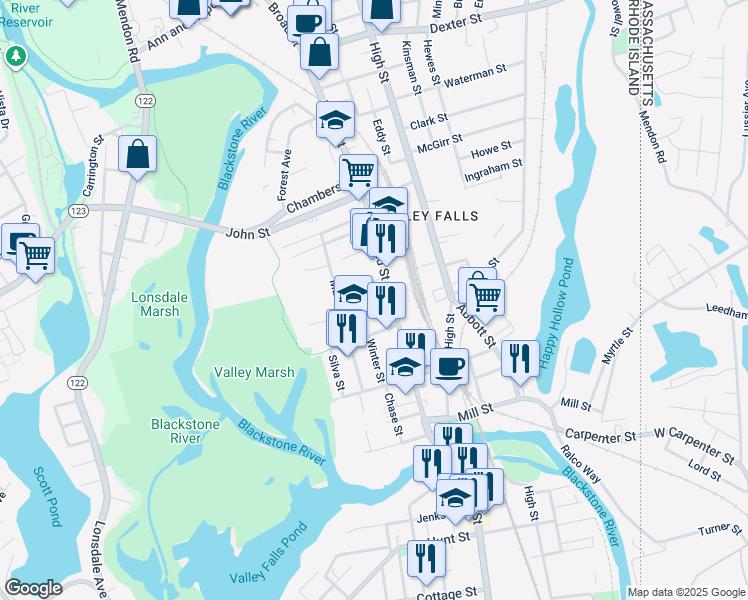 map of restaurants, bars, coffee shops, grocery stores, and more near 210 Broad Street in Cumberland
