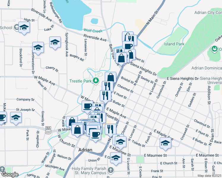 map of restaurants, bars, coffee shops, grocery stores, and more near 604 North Main Street in Adrian
