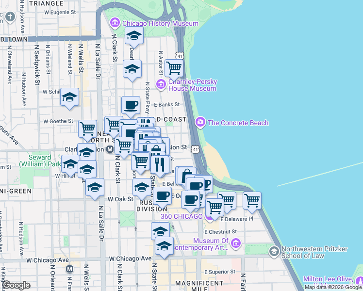 map of restaurants, bars, coffee shops, grocery stores, and more near 1200 North Lake Shore Drive in Chicago