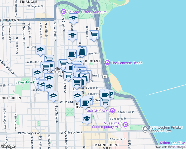map of restaurants, bars, coffee shops, grocery stores, and more near 102 East Division Street in Chicago