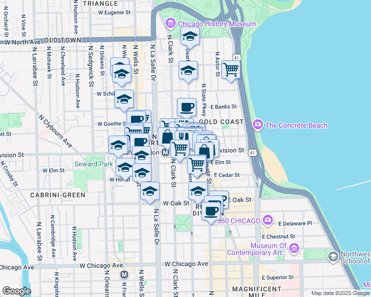 map of restaurants, bars, coffee shops, grocery stores, and more near 21 West Division Street in Chicago