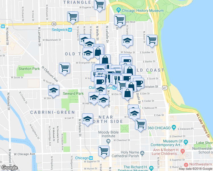 map of restaurants, bars, coffee shops, grocery stores, and more near in Chicago