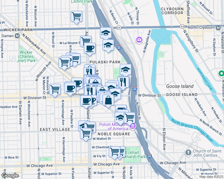 map of restaurants, bars, coffee shops, grocery stores, and more near 1217 North Greenview Avenue in Chicago