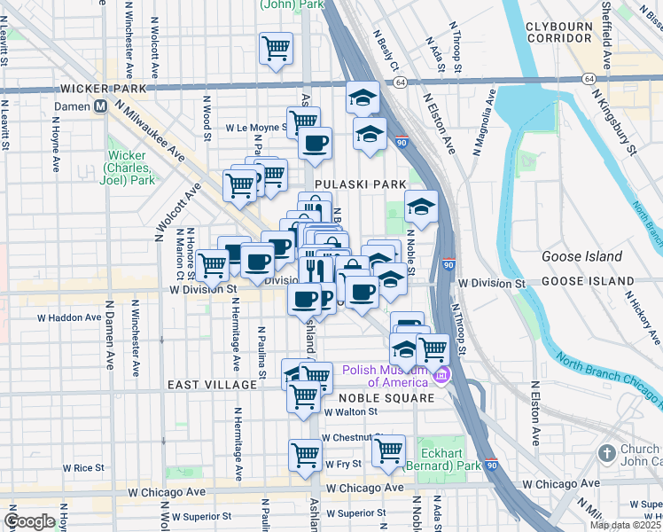 map of restaurants, bars, coffee shops, grocery stores, and more near in Chicago