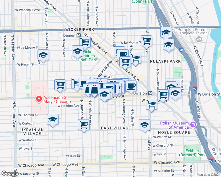 map of restaurants, bars, coffee shops, grocery stores, and more near 1806 West Division Street in Chicago