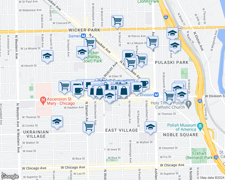 map of restaurants, bars, coffee shops, grocery stores, and more near 1227 North Marion Court in Chicago