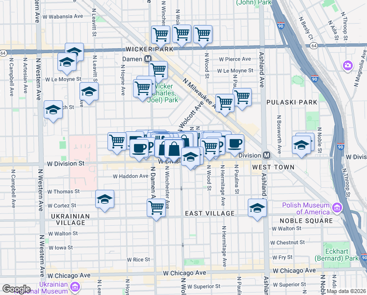 map of restaurants, bars, coffee shops, grocery stores, and more near 1222 North Wolcott Avenue in Chicago