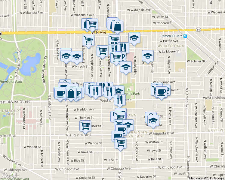 map of restaurants, bars, coffee shops, grocery stores, and more near 1228 North Artesian Avenue in Chicago