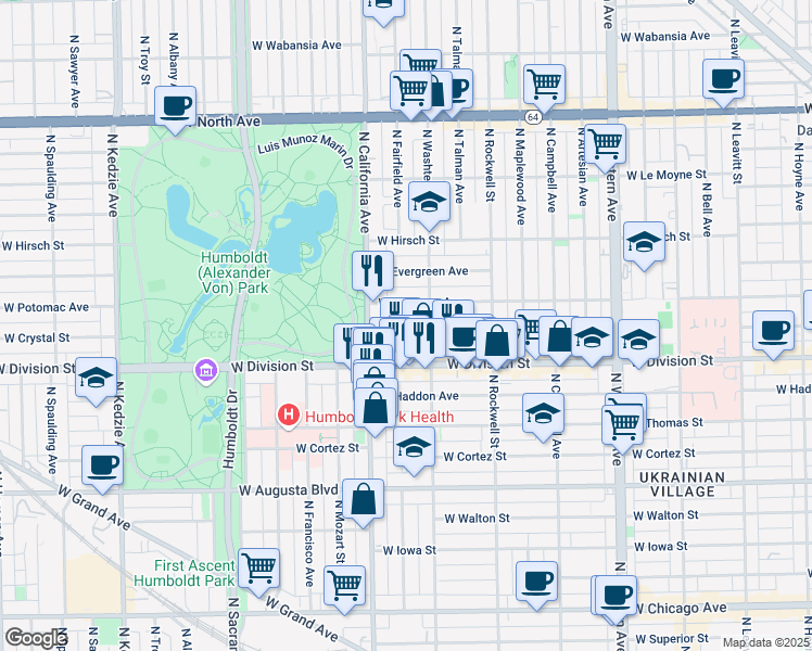 map of restaurants, bars, coffee shops, grocery stores, and more near 1257 North California Avenue in Chicago