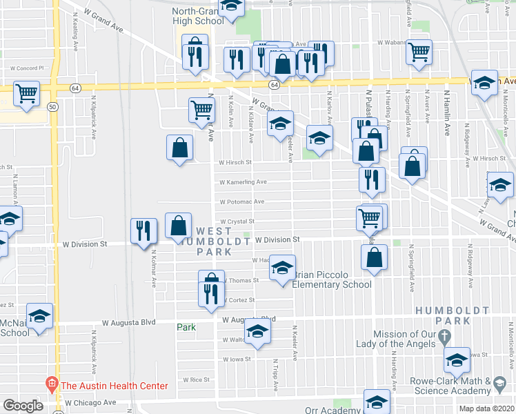 map of restaurants, bars, coffee shops, grocery stores, and more near 1257 North Kildare Avenue in Chicago