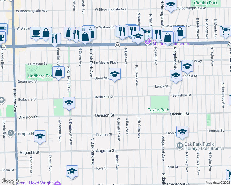 map of restaurants, bars, coffee shops, grocery stores, and more near 1006 Linden Avenue in Oak Park