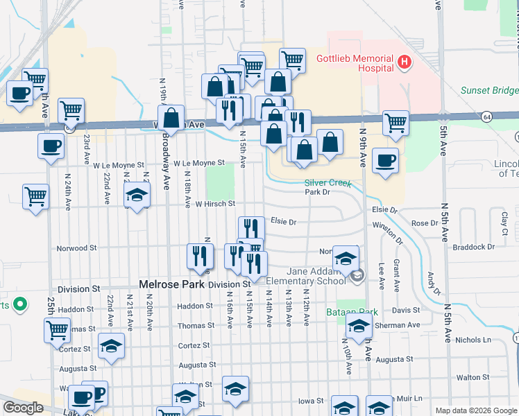 map of restaurants, bars, coffee shops, grocery stores, and more near 1639 North 15th Avenue in Melrose Park