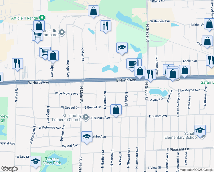 map of restaurants, bars, coffee shops, grocery stores, and more near 719 North Garfield Street in Lombard