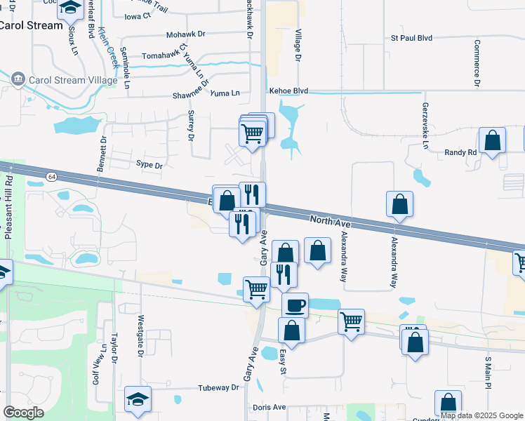 map of restaurants, bars, coffee shops, grocery stores, and more near W North Ave & Gary Ave in Carol Stream