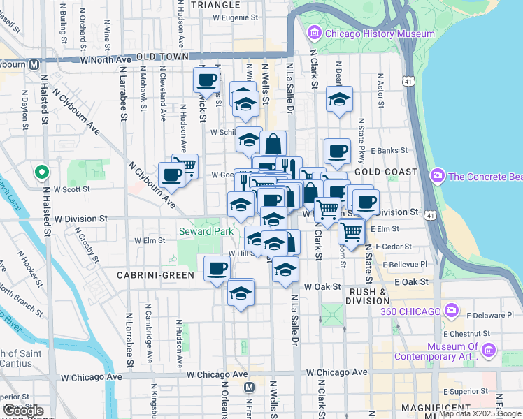 map of restaurants, bars, coffee shops, grocery stores, and more near 1201 North Wells Street in Chicago