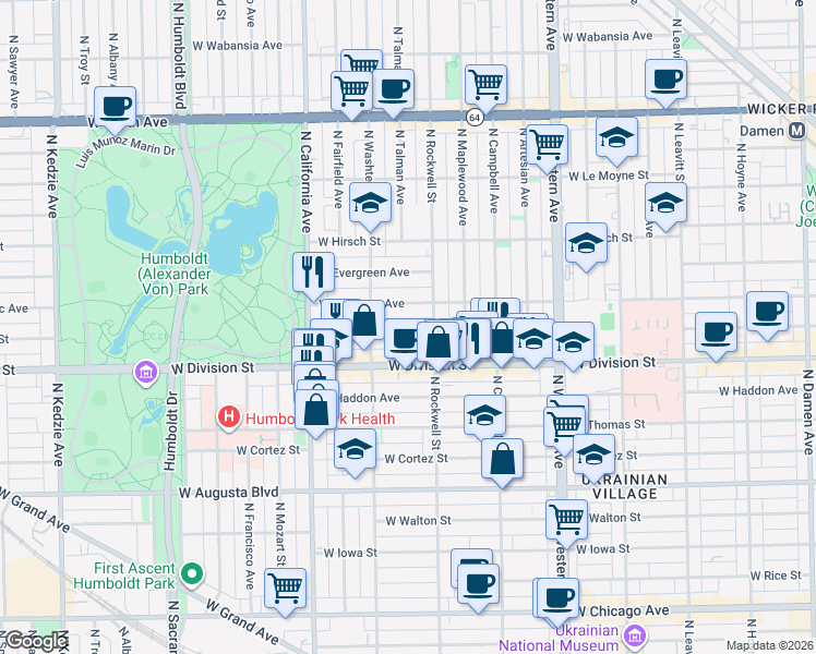 map of restaurants, bars, coffee shops, grocery stores, and more near 2622 West Crystal Street in Chicago