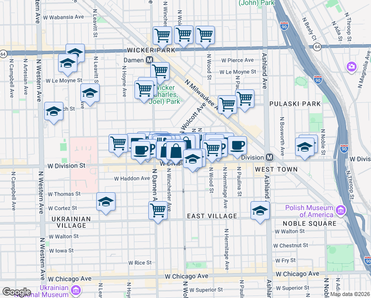 map of restaurants, bars, coffee shops, grocery stores, and more near 1222 North Wolcott Avenue in Chicago