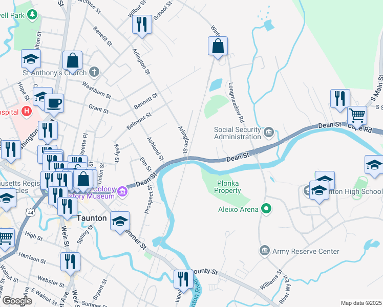 map of restaurants, bars, coffee shops, grocery stores, and more near 44 Dean Street in Taunton