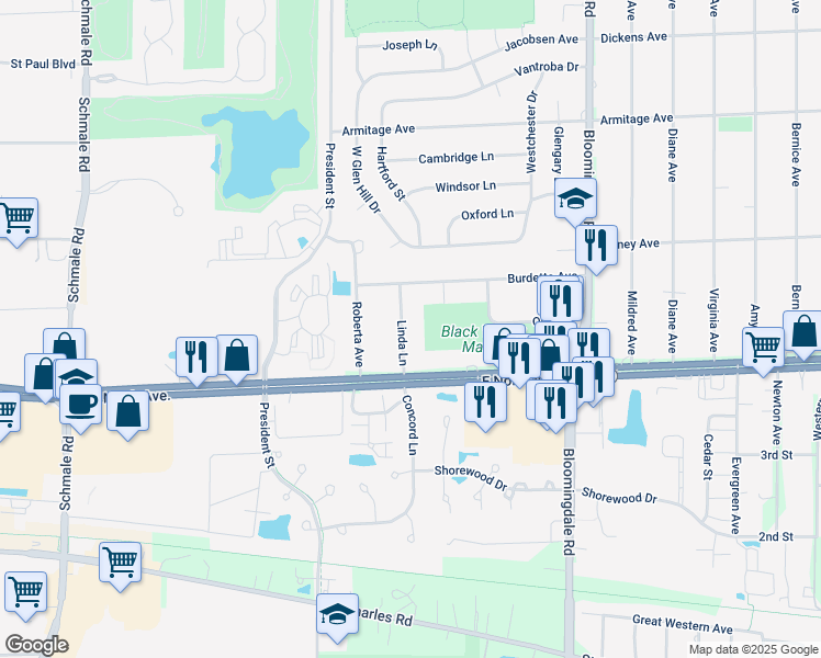 map of restaurants, bars, coffee shops, grocery stores, and more near 2N075 Linda Lane in Carol Stream