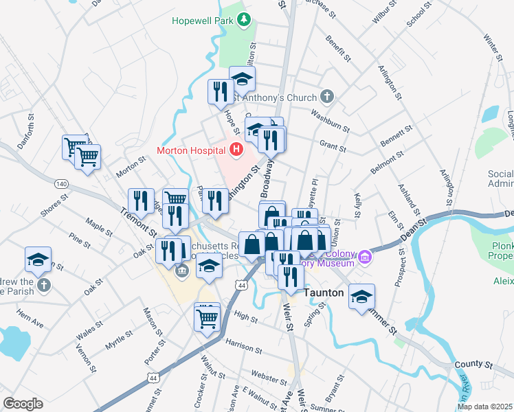 map of restaurants, bars, coffee shops, grocery stores, and more near 48 Broadway in Taunton