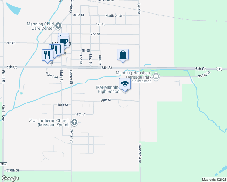 map of restaurants, bars, coffee shops, grocery stores, and more near 209 10th Street in Manning
