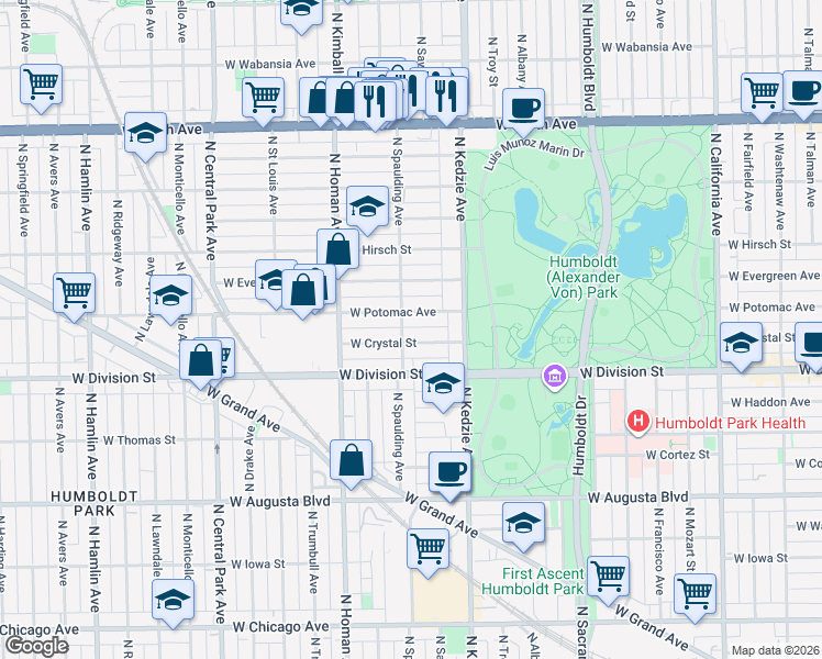 map of restaurants, bars, coffee shops, grocery stores, and more near 3252 West Crystal Street in Chicago